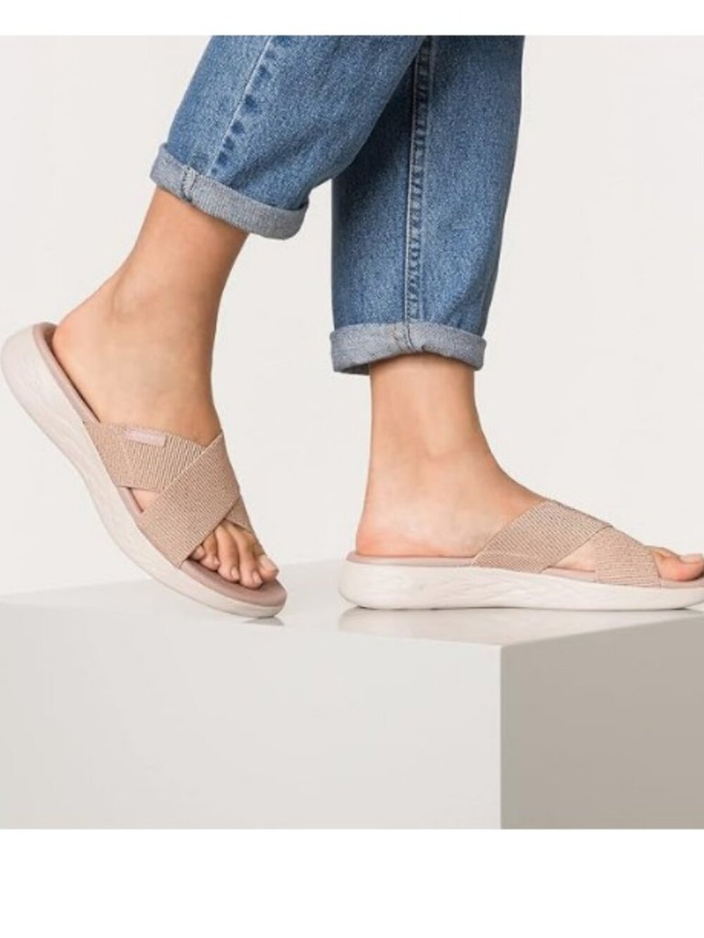 Skechers On The Go luxe woven leather sandals taupe, beige women's size 8
